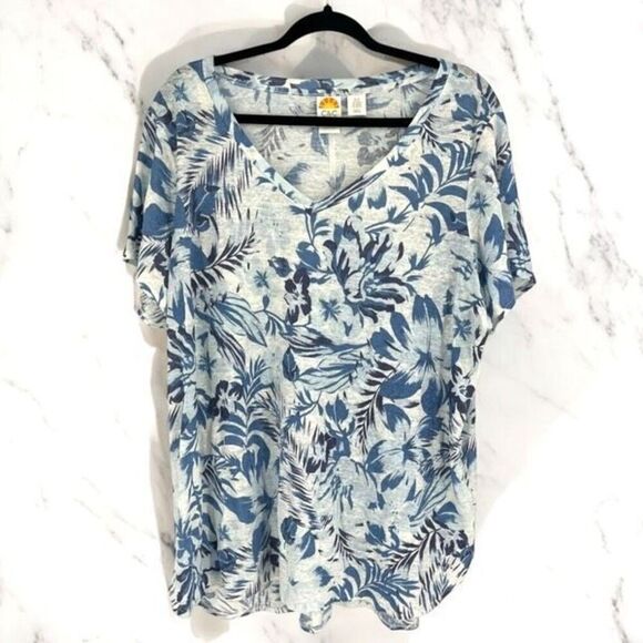 C&C California Women's Linen Floral Leaf Print Short Sleeve Top Blue Size 2X - Picture 8 of 11